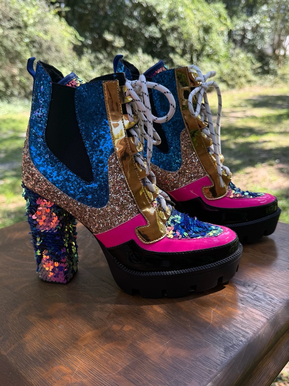 Cape Robbin Blue, Pink and Gold Sequin Platform Heeled Ankle Boots 9 Super Comfy